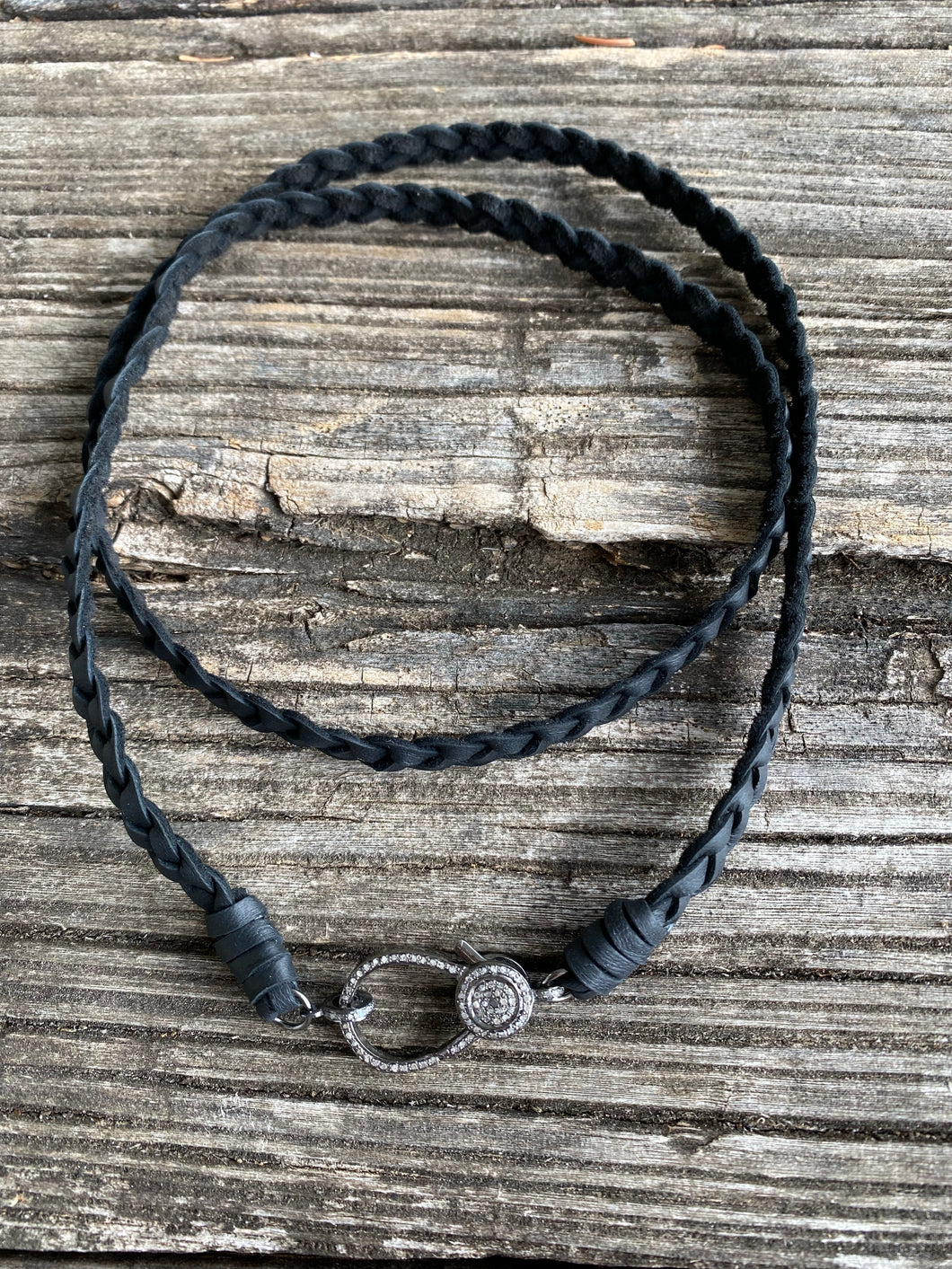 Braided Leather Wrap Necklace with Pave Diamond Lobster Claw Clasp