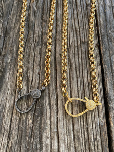 Large Gold Rolo Chain with Large Pave Diamond Clasp