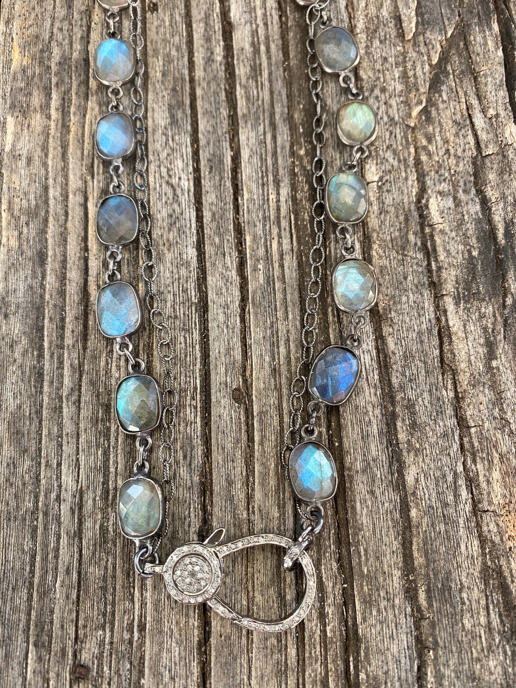 Double Strand of Labradorite and Sterling Silver Necklace with Pave Diamond Clasp