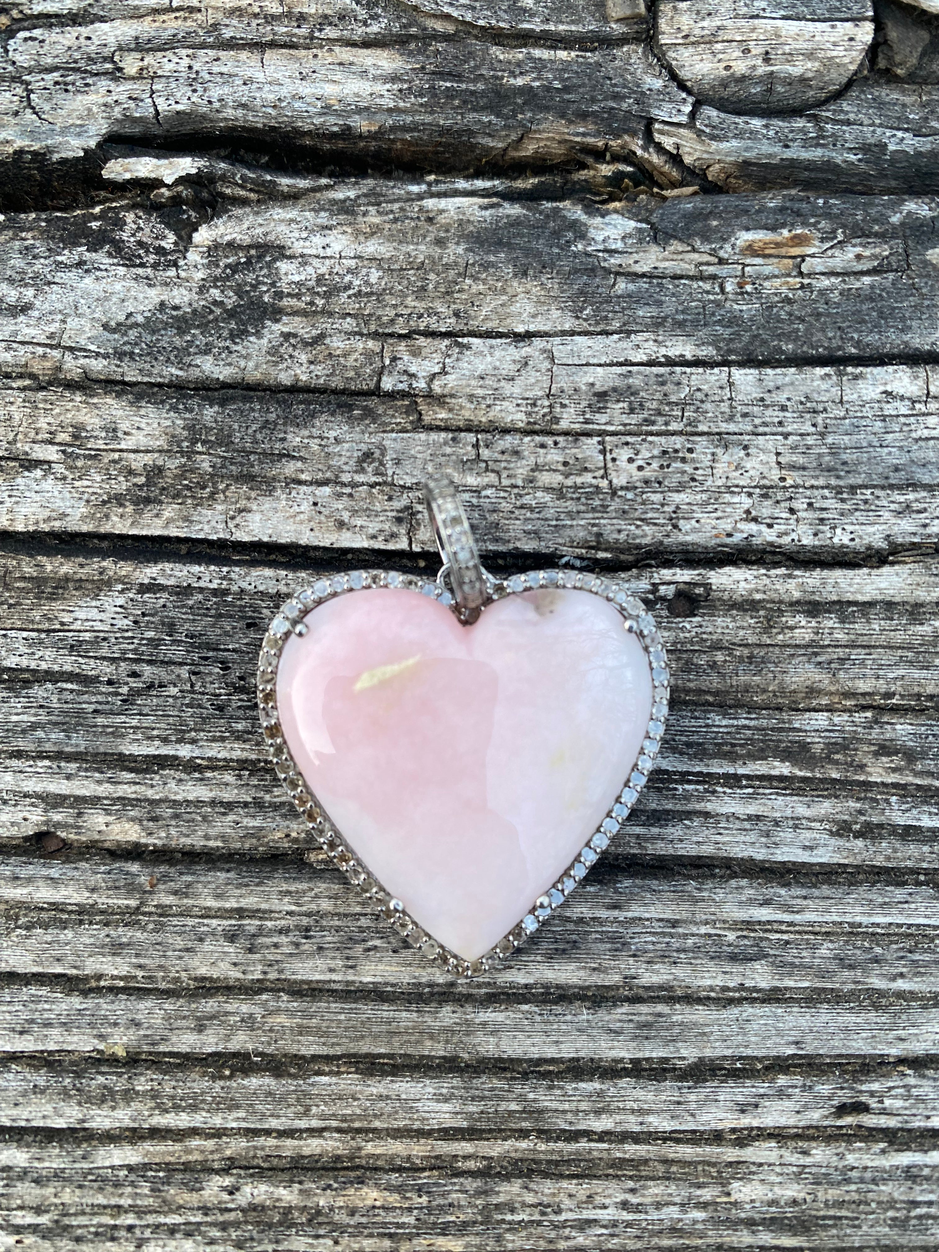 Pink Opal with Pave Diamond Border Heart Pendant