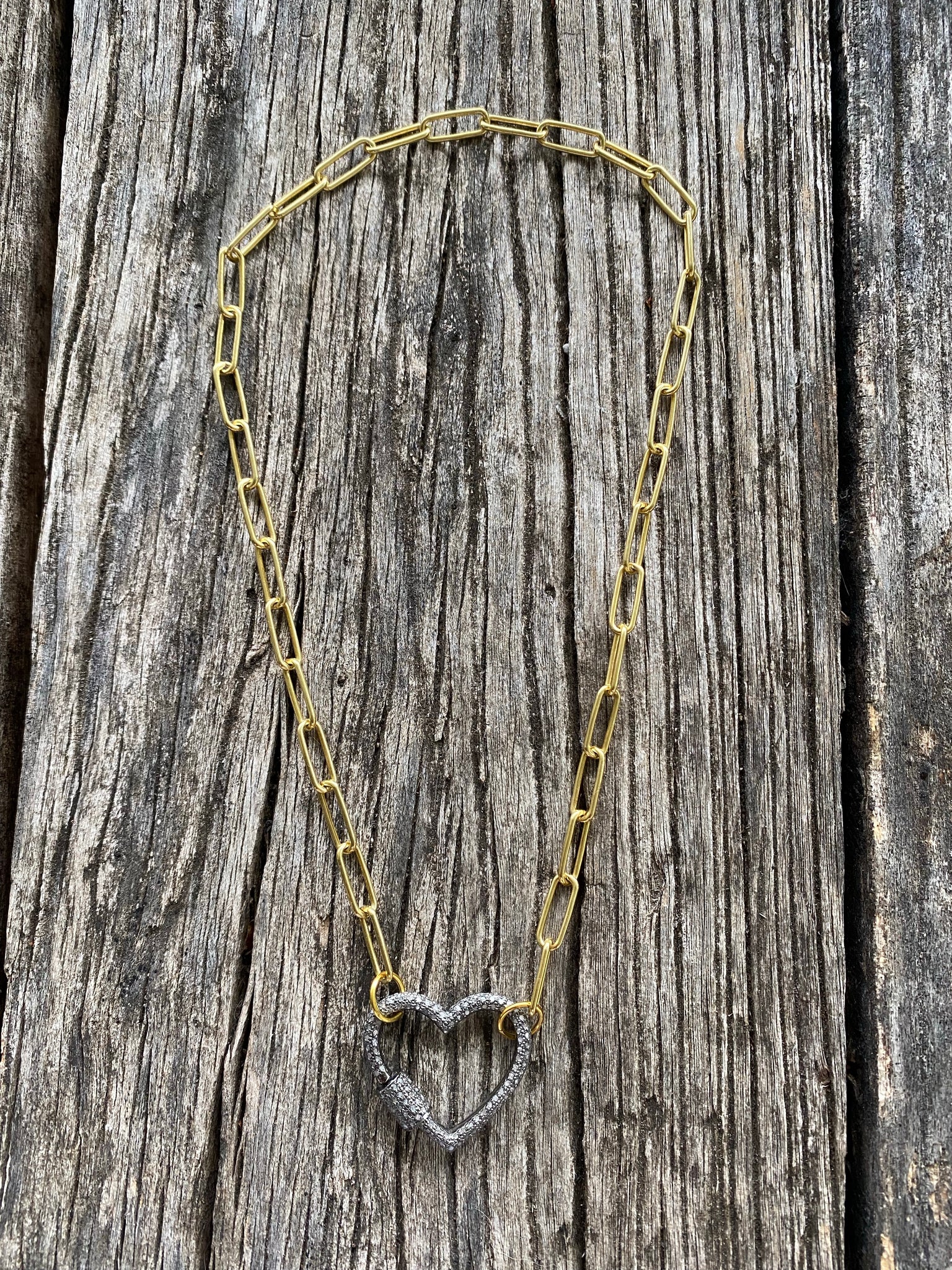 14K Yellow Gold Heart Carabiner Paperclip Necklace
