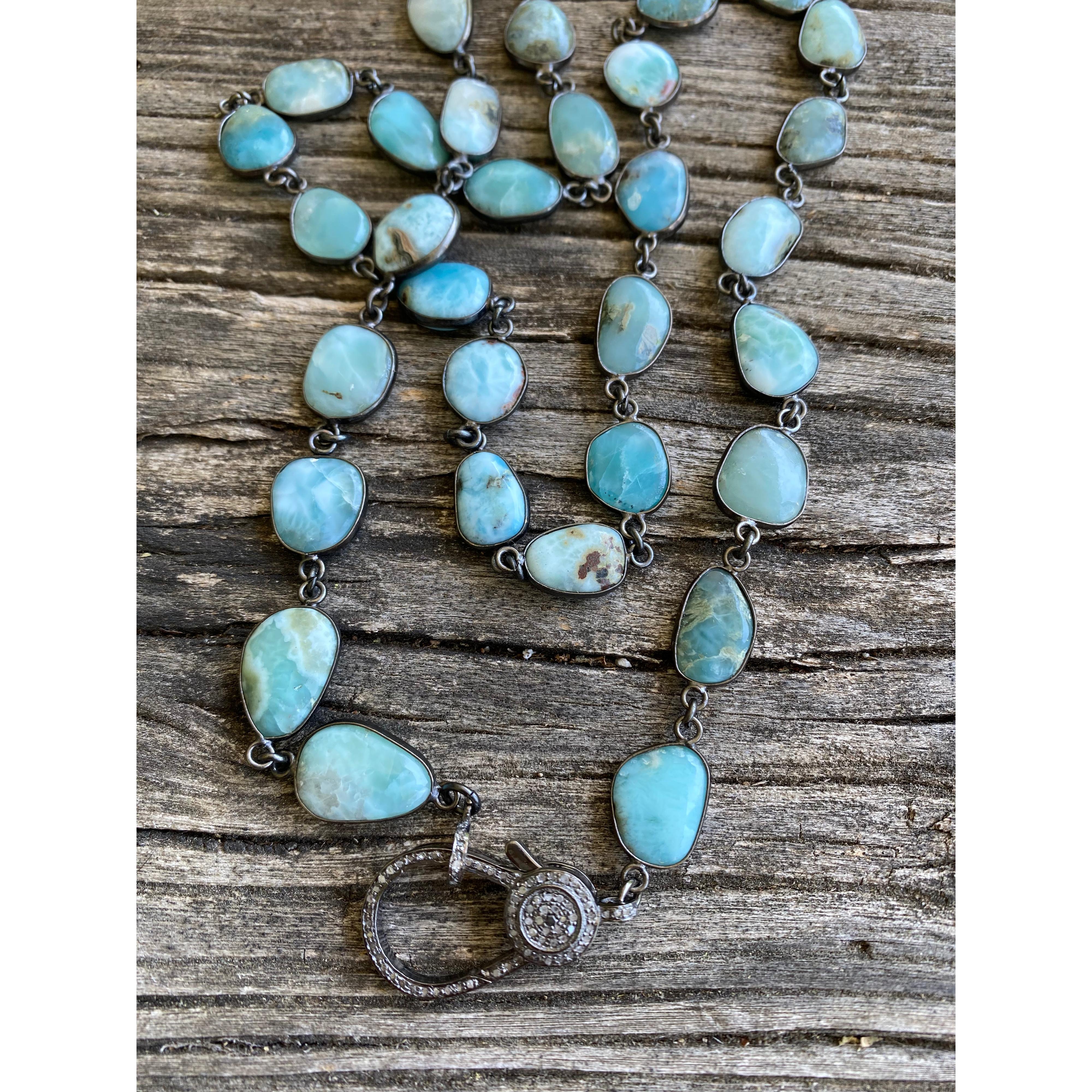 Larimar Bezel Necklace with Pave Diamond Lobster Claw Clasp