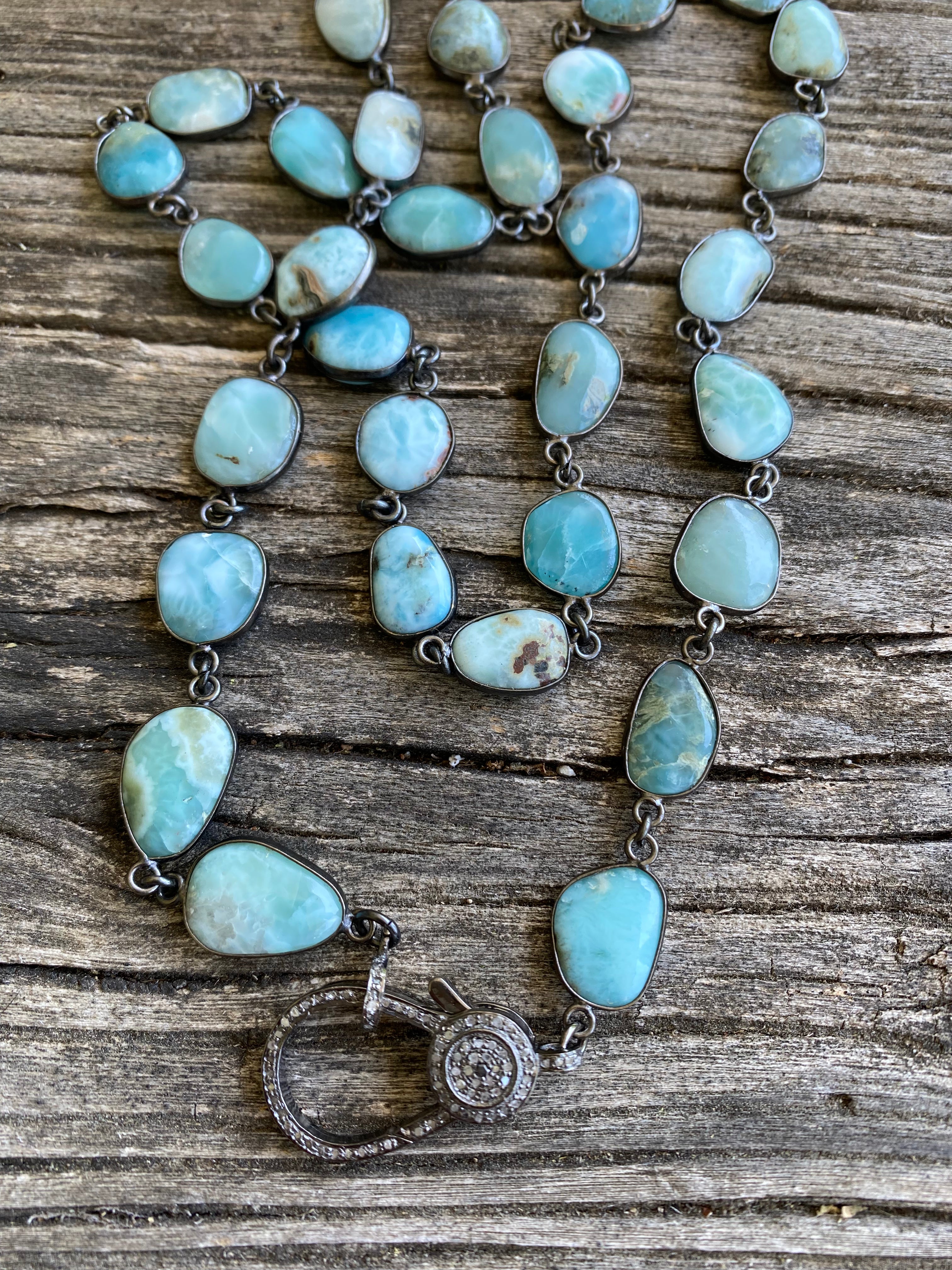 Larimar Bezel Necklace with Pave Diamond Lobster Claw Clasp