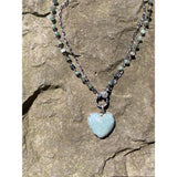 Double Strand Moss Aquamarine and Silver Chain Necklace with Pave Diamond Clasp