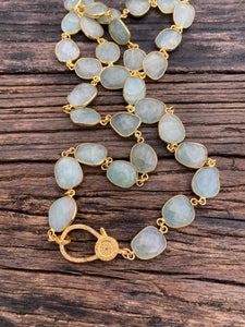Aquamarine Bezel Necklace with Pave Diamond Gold Clasp