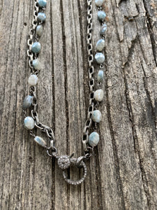Grey and Blue Oval Silverite Beads and Sterling Silver Double Strand Necklace with Pave Diamond Clasp