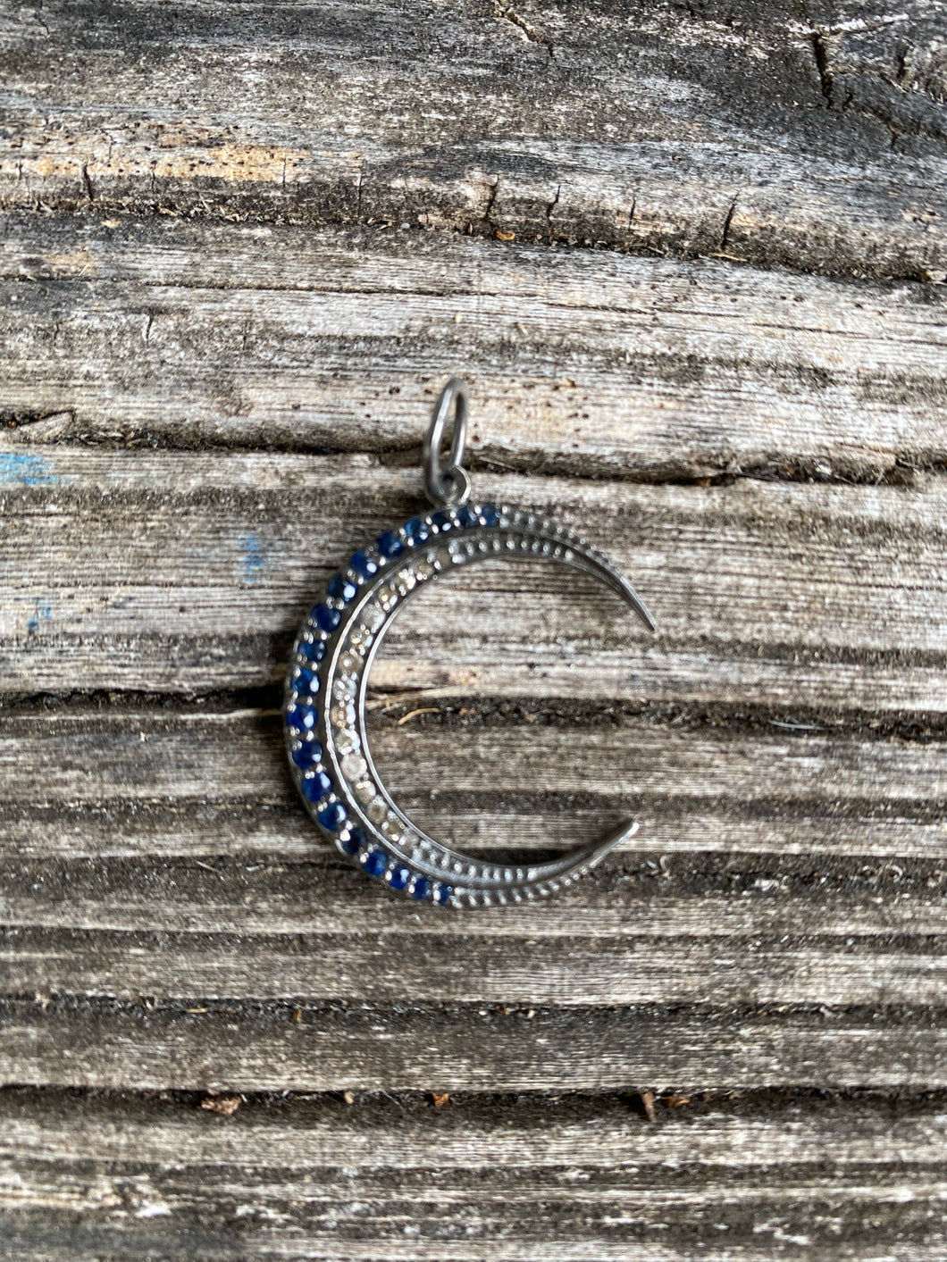 Sapphire and Pave Diamond Crescent Moon Pendant