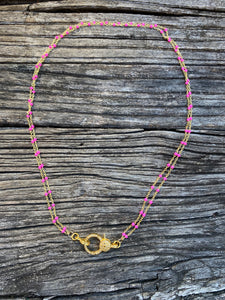 Double Strand Gold and Pink Enamel Chain with Pave Diamond Clasp