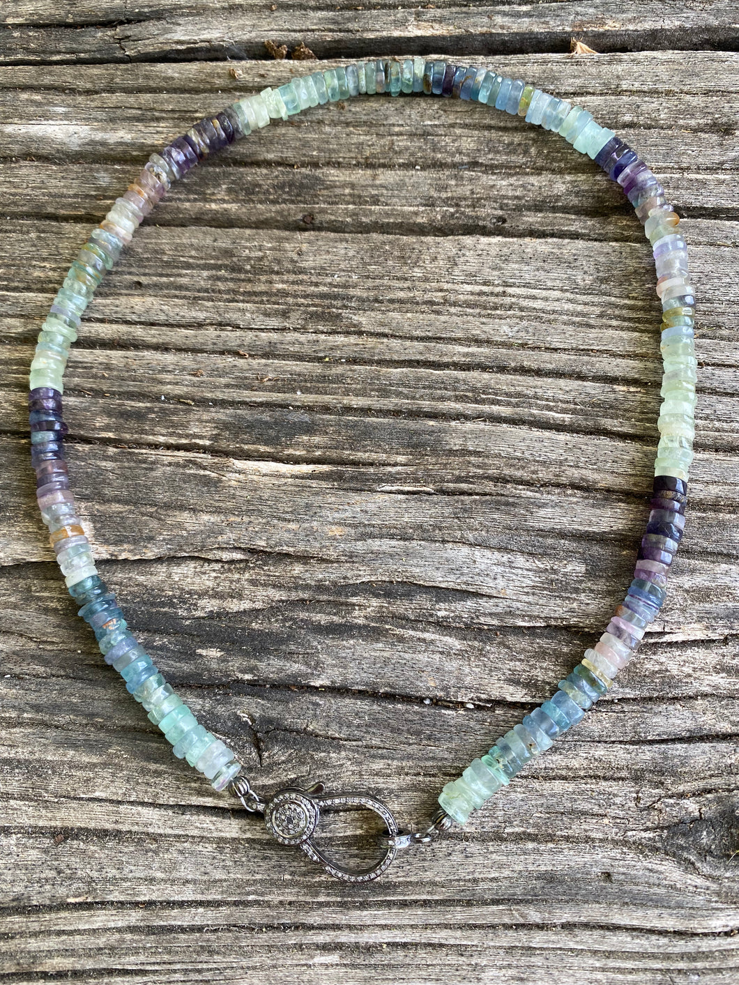 Fluorite Heishi Beaded Necklace with Pave Diamond Clasp