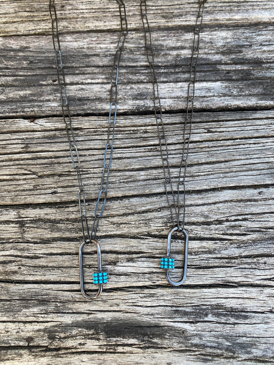 Silver Paperclip Chain with Turquoise Carabiner Clasp
