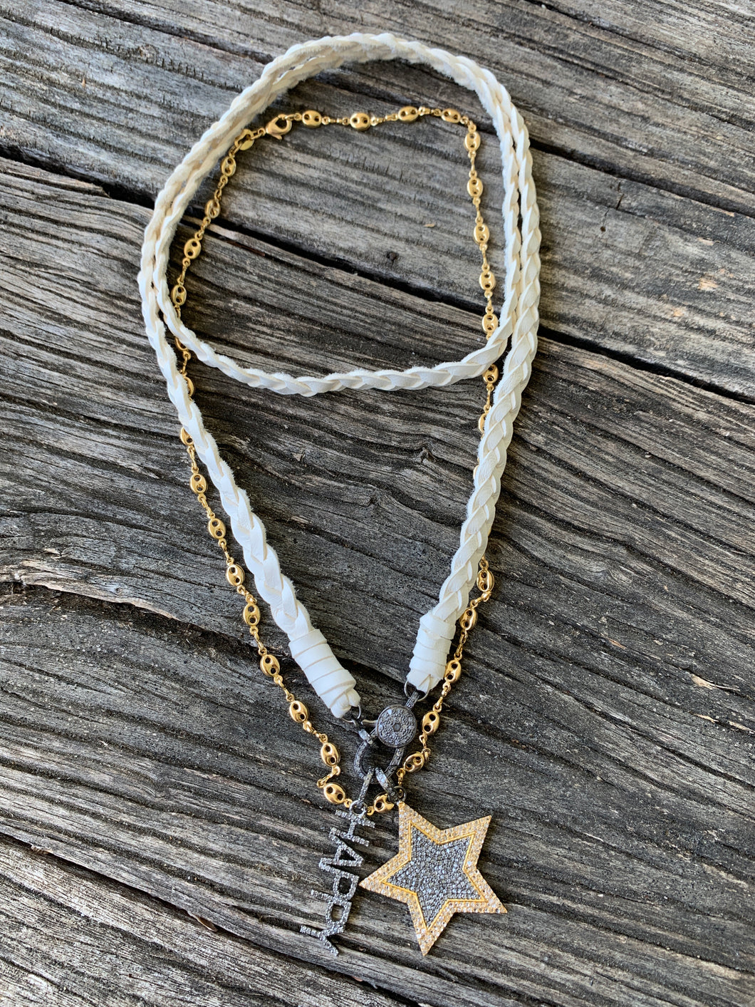 Braided Leather Wrap Necklace with Pave Diamond Clasp.  Pave Diamond Two Tone Star and Happy Pendants