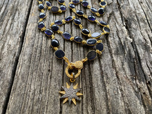 Iolite Bezel Necklace with Pave Diamond Gold Clasp. Pave Diamond Two-Tone Starburst