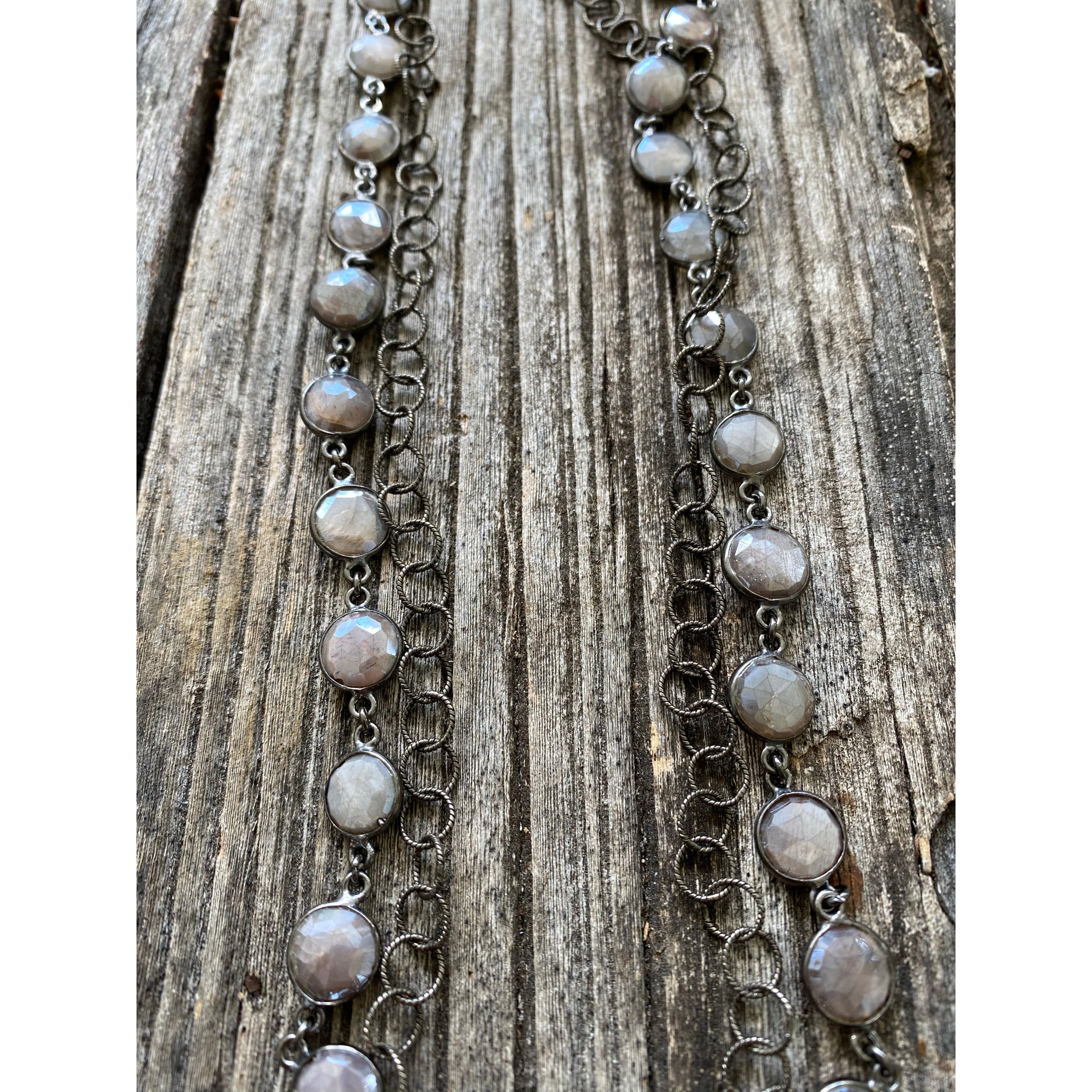 Chocolate Moonstone with Sterling Silver Double Strand with Pave Diamond Clasp