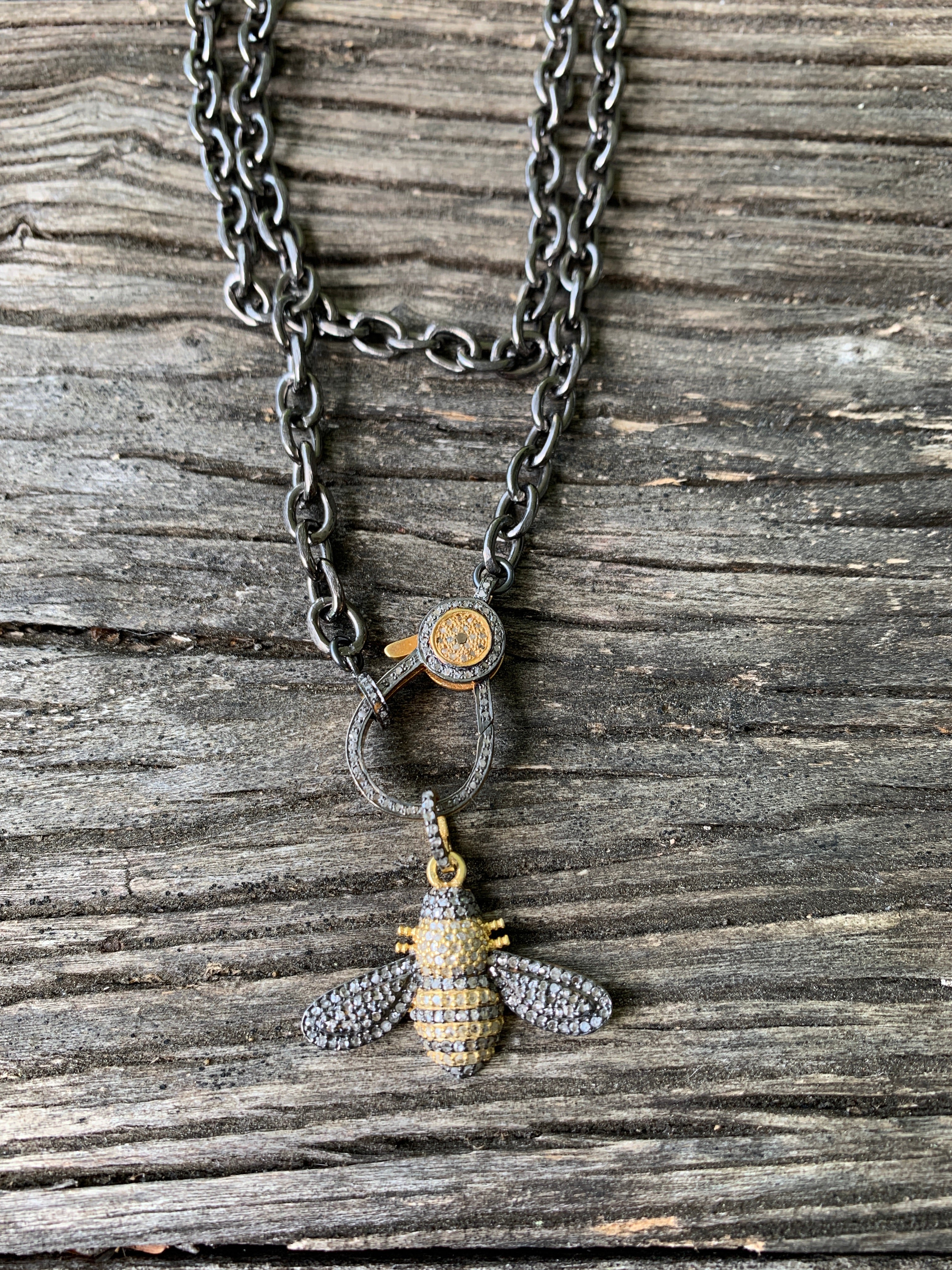 Sterling Silver Chain with Pave Diamond Clasp. Two Tone Pave Diamond Bumble Bee Pendant