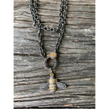 Sterling Silver Chain with Pave Diamond Clasp. Two Tone Pave Diamond Bumble Bee Pendant