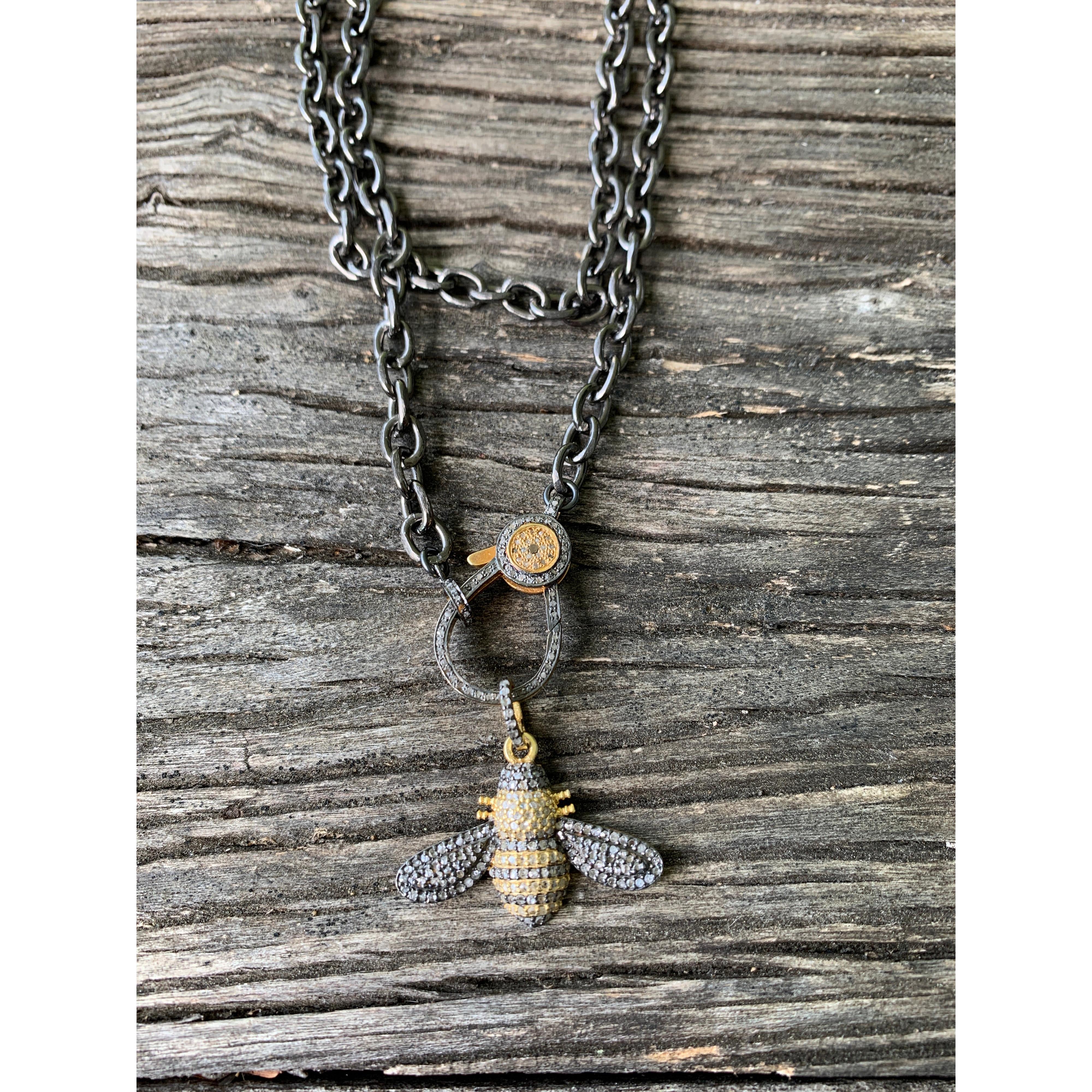 Sterling Silver Chain with Pave Diamond Clasp. Two Tone Pave Diamond Bumble Bee Pendant