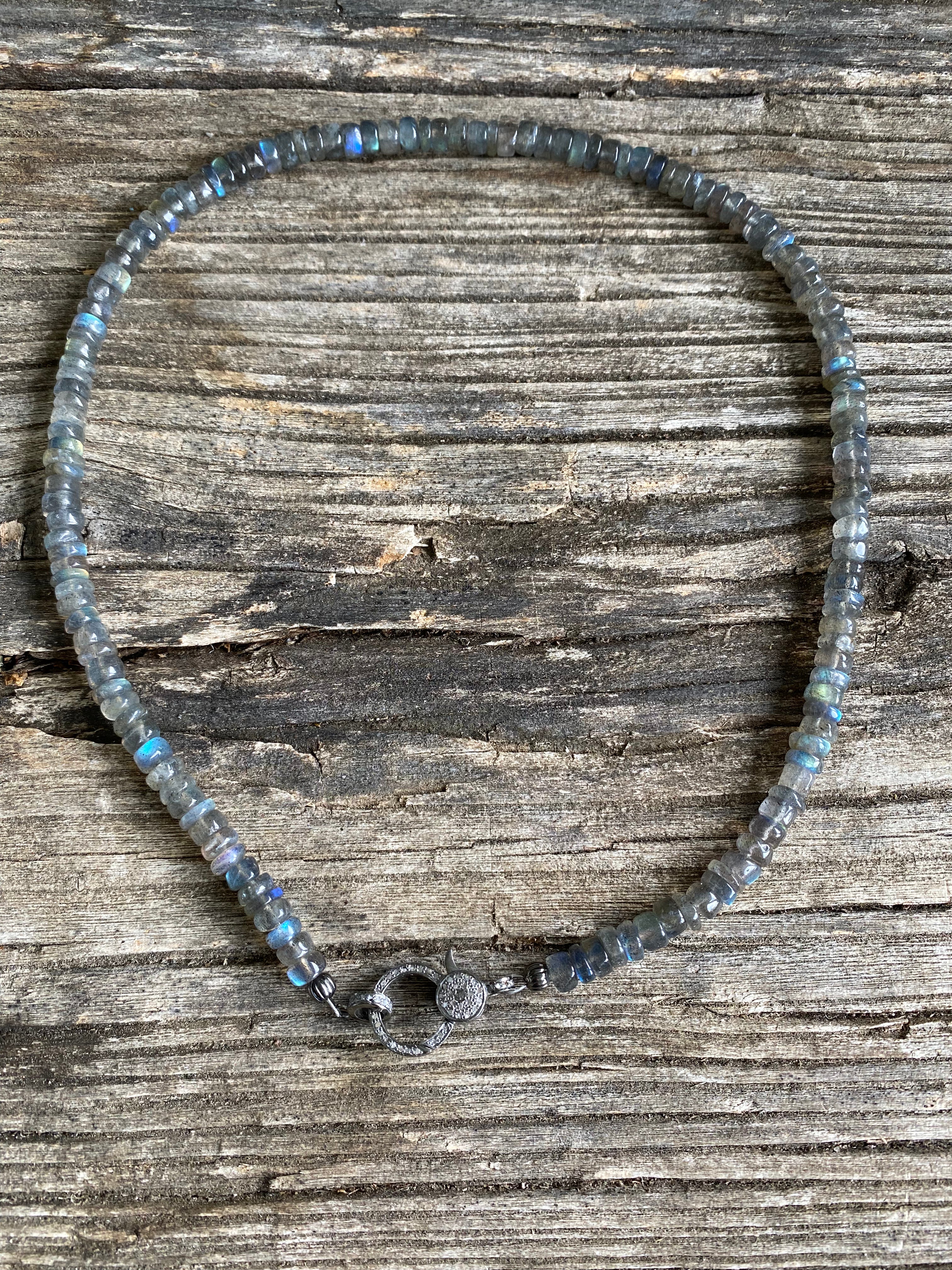 Labradorite Heishi Beaded Necklace with Pave Diamond Clasp